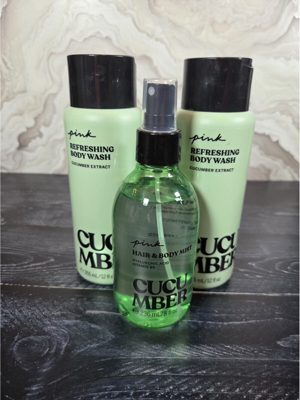 Victoria’s Secret PINK Cucumber 3 Piece Set 2 Body Wash + Hair Body Mist NEW